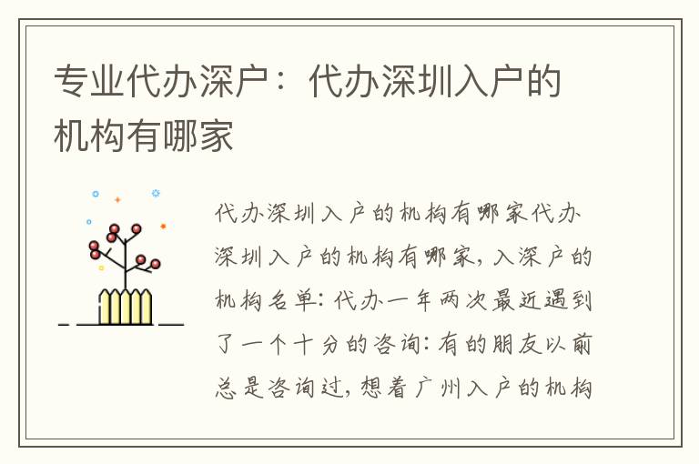 專業(yè)代辦深戶：代辦深圳入戶的機(jī)構(gòu)有哪家