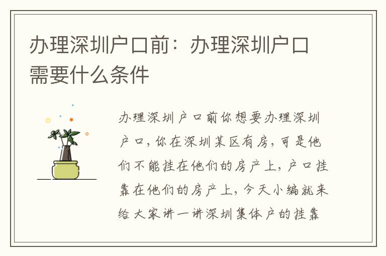 辦理深圳戶口前：辦理深圳戶口需要什么條件
